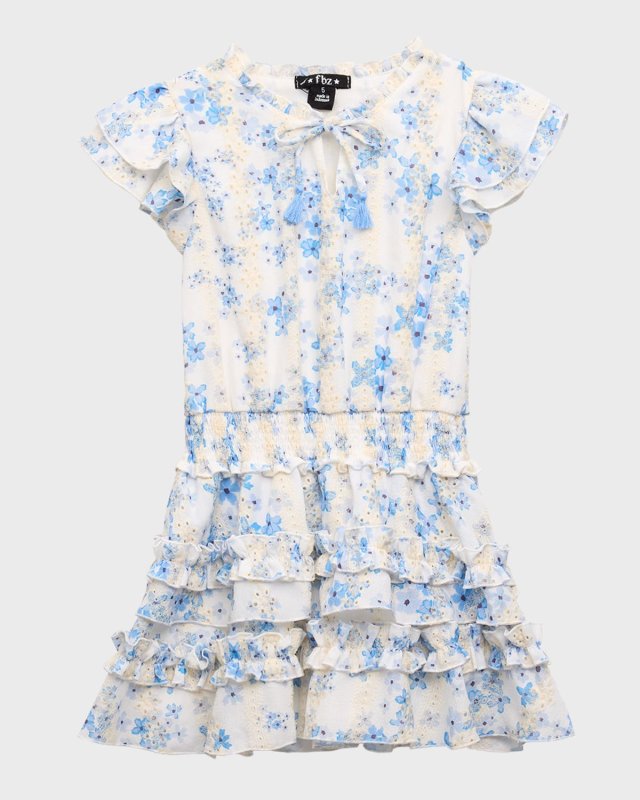 Girl's Floral Tiered Short-Sleeve Dress, Size 4-6